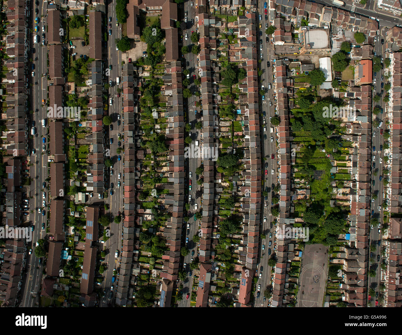 Vista aerea delle case sulle strade residenziali di Bermondsey, Londra. Foto Stock
