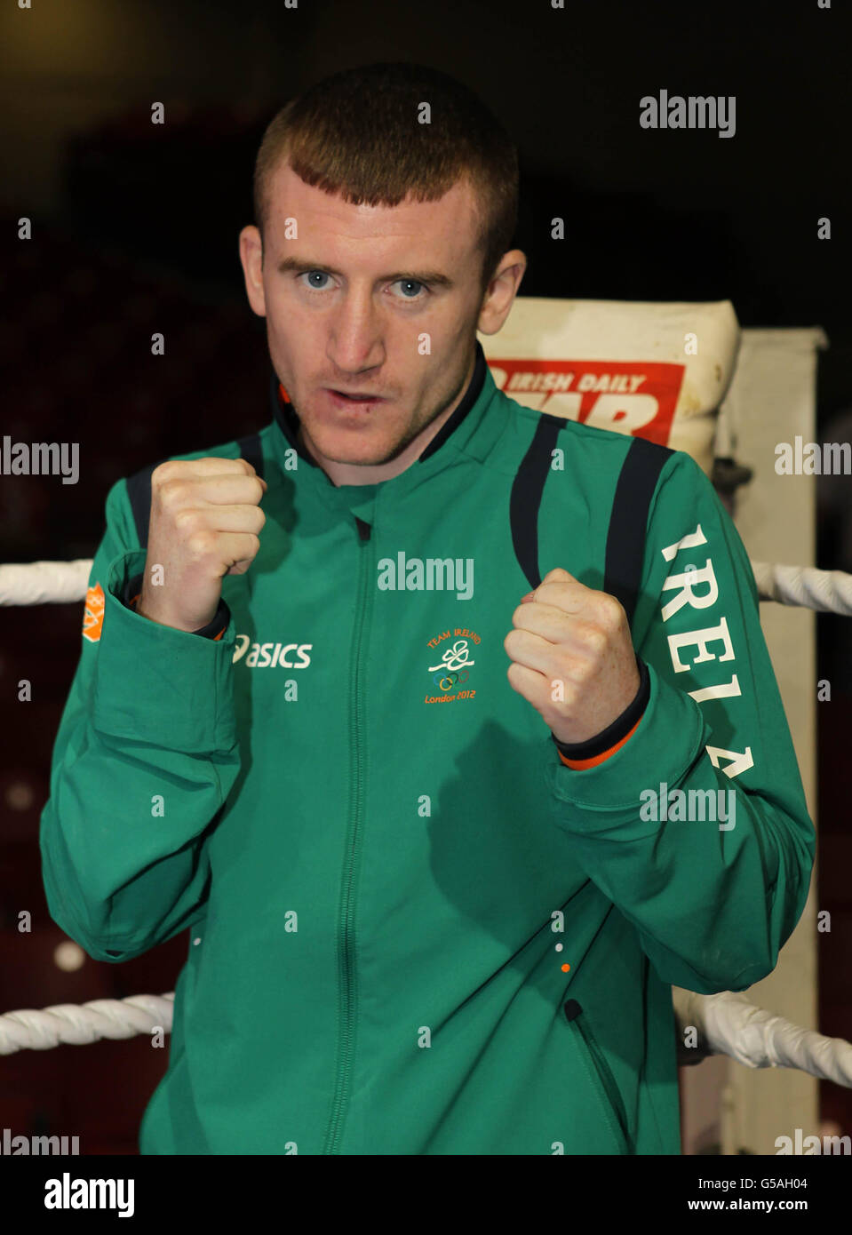Paddy Barnes in Irlanda al lancio della squadra di pugilato irlandese per i Giochi Olimpici di Londra 2012 alla National Boxing Arena di Dublino. Foto Stock