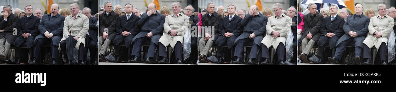 IMMAGINE COMPOSITA (da sinistra a destra) dei ministri del Gabinetto, Richard Bruton, Brendan Howlan, Michael Noonan e Eamon Gilmore durante la cerimonia della Giornata nazionale di commemorazione, tenuta per onorare tutti gli irishmen e le irishwomen morti nelle guerre passate o al servizio delle Nazioni Unite, presso il Museo nazionale d'Irlanda, Collins Barracks, Dublino. PREMERE ASSOCIAZIONE foto. Data immagine: Domenica 8 luglio 2012. Il credito fotografico deve essere: Niall Carson/PA Wire Foto Stock