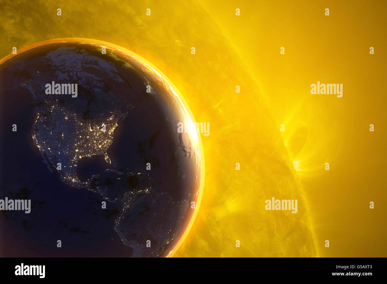Orbita della terra intorno al Sole. I suns diametro è circa 109 volte quella della Terra Foto Stock