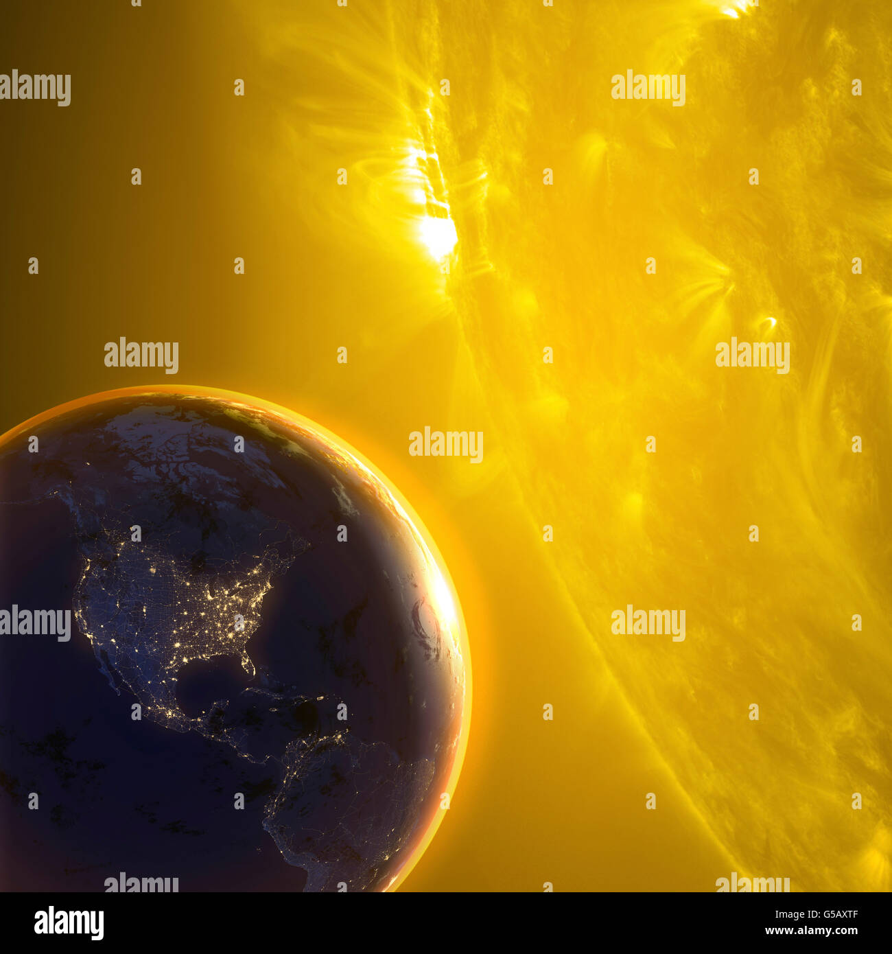 Orbita della terra intorno al Sole. I suns diametro è circa 109 volte quella della Terra Foto Stock