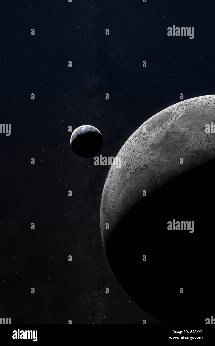 La terra e la luna vista dallo spazio Foto Stock