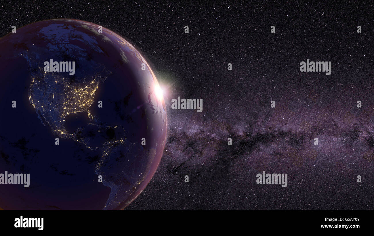 Il pianeta terra. Cielo notturno e luci della città (dell America del Nord e America del Sud) con illuminato e la cartina stradale dettagliata rete. Foto Stock