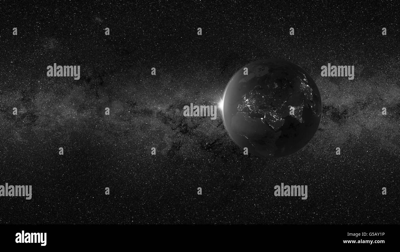 Il pianeta Terra e la Via Lattea. Cielo notturno e luci della città (d'Europa, Africa e Asia) Foto Stock