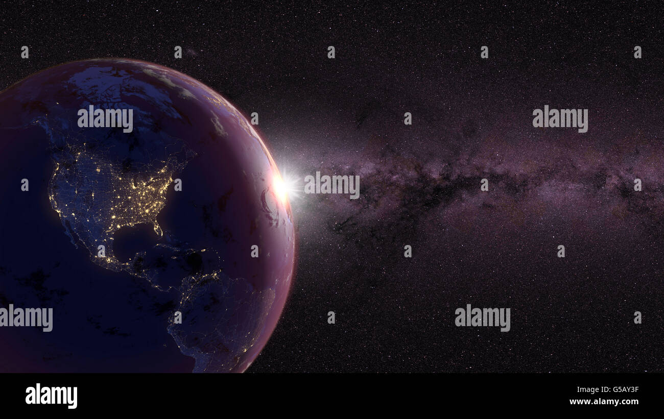 Il pianeta terra. Cielo notturno e luci della città (dell America del Nord e America del Sud) con illuminato e la cartina stradale dettagliata rete. Foto Stock