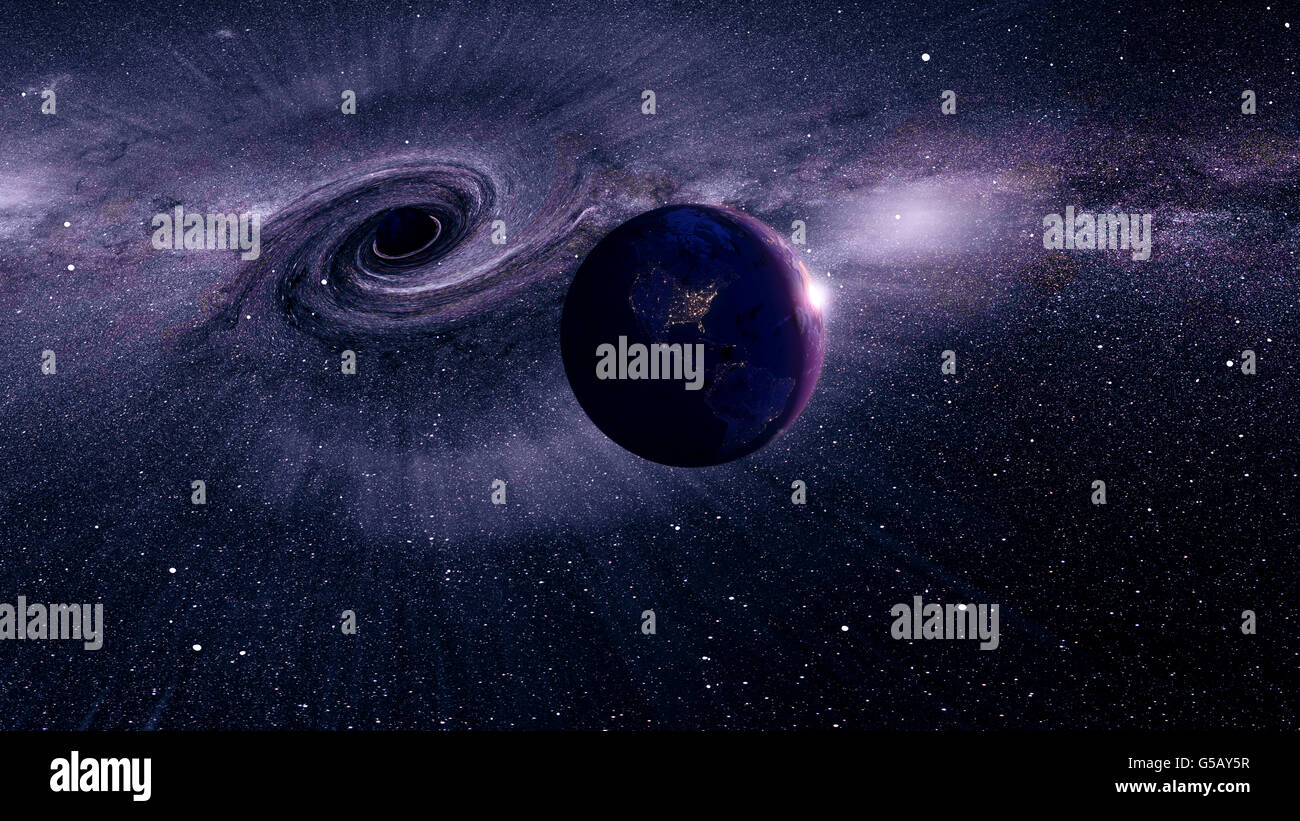 Un buco nero nello spazio con un immenso campo gravitazionale nei pressi di messa a terra Foto Stock