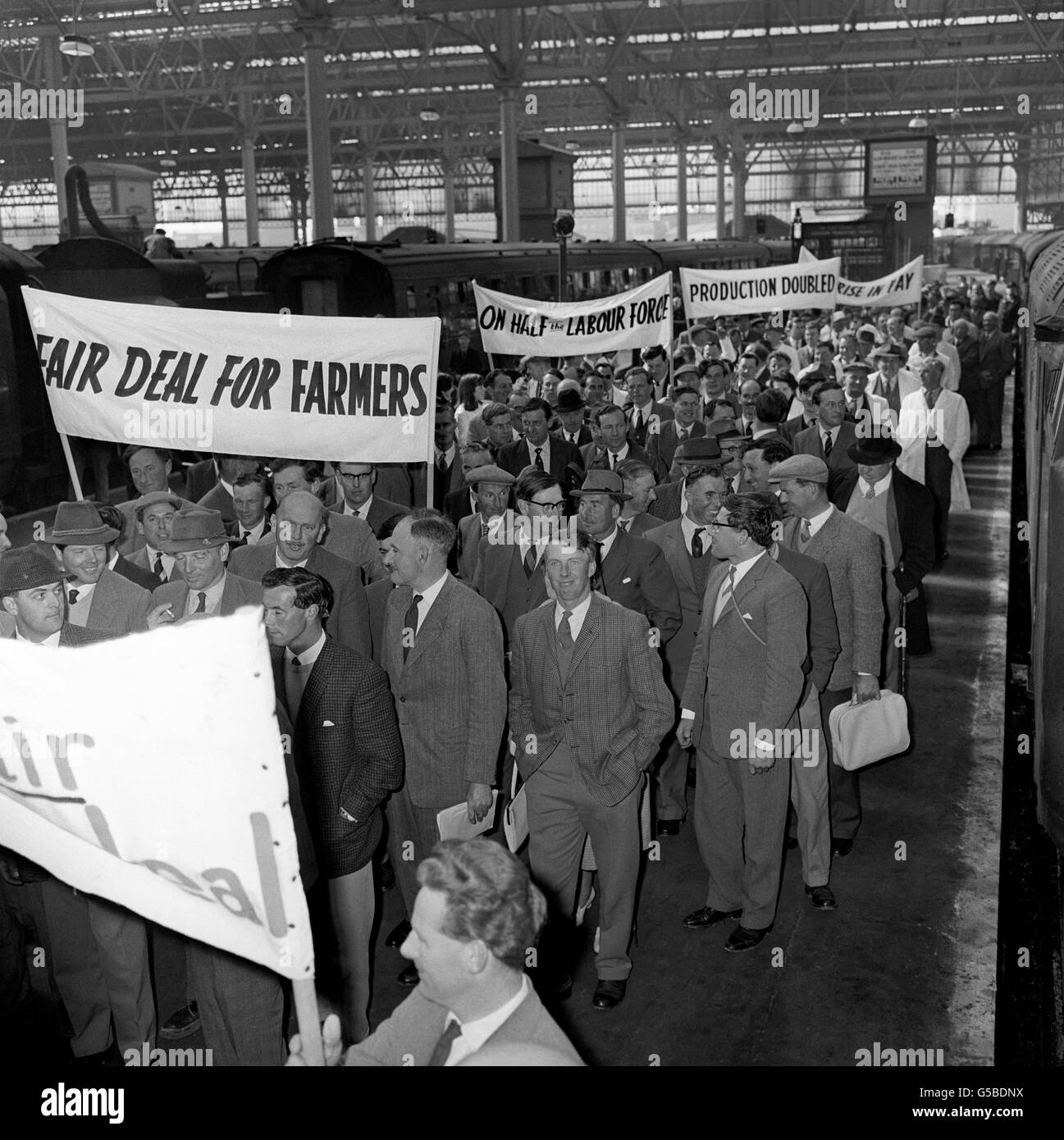 1965: Trasporto di bandiere, i coltivatori del paese dell'ovest che danneggano una marcia giusta di affare dalla stazione di Waterloo, Londra, ai deputati di lobby alla Camera dei Comuni prima del dibattito sulla revisione dei prezzi dell'azienda agricola.1200 coltivatori da Devon, Dorset, Gloucestershire, Somerset e Wiltshire erano attesi. Foto Stock