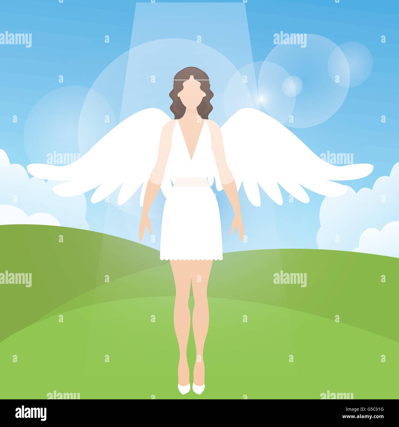 Donna femmina di angelo con ali di piume vettore permanente cartoon illustrazione Illustrazione Vettoriale