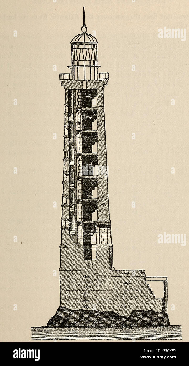 Diagramma in sezione del faro Ar-Men, mostrando annualmente i progressi compiuti nei lavori di costruzione. Completata 1881 Foto Stock