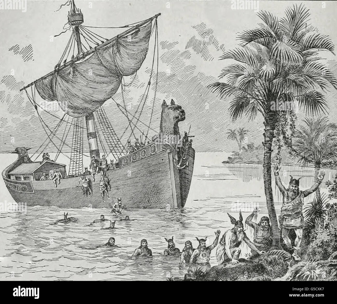 Lo sbarco di Leif Erickson sulle rive di Vineland in 985 Foto Stock