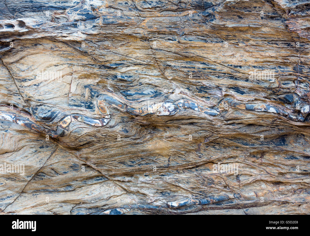 Parte del rock close up con impregnazione multicolore di un altro materiale geologico in forma di serpente. La natura dello sfondo. Foto Stock