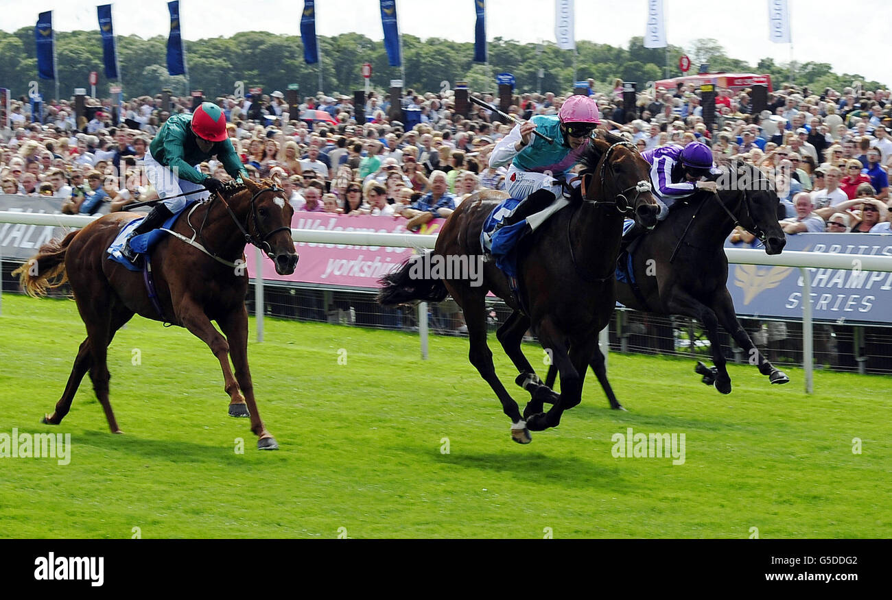 Dundonnell guidato da James Doyle (centro) vince il Pinsent Masons LLP Acomb Stakes durante il giorno uno del 2012 Ebor Festival all'Ippodromo di York. Foto Stock