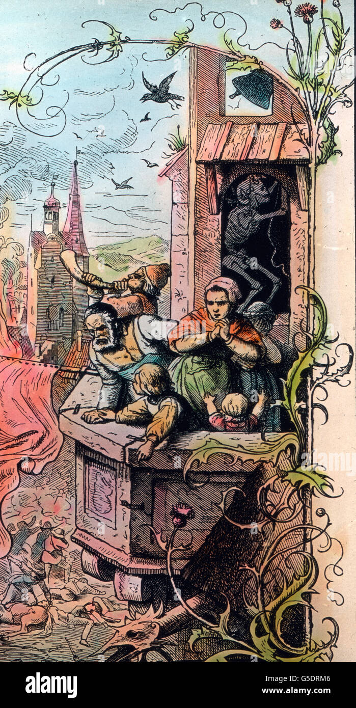 Freiheit und Gleichheit! Hört man schallen; Der ruh'ge cittadino greift zur Wehr, Die Straßen füllen sich, die Hallen, und Würgerbanden ziehn umher. Glocken von künden Unruhen im Land, Der Tod läutet die Kirchenglocke. L'Europa, Germania, cultura, Pittura, Illustrazione, Friedrich Schiller, poesia, la poesia, la canzone della campana, 1910S, 1920s, xx secolo, archivio, Carl Simon, storia, storico, rivoluzione, Belfry, uomo, famiglia, morte, bell, tolling, disordini, lato vetro colorato slitta Foto Stock