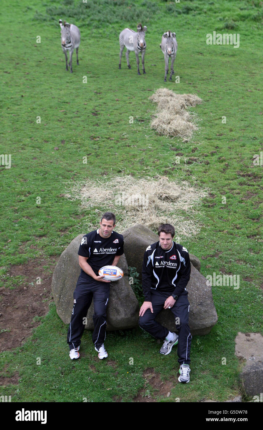 Chris Leck e John Houston (a destra) del Rugby di Edimburgo presso il recinto Zebra dello zoo di Edimburgo. Foto Stock