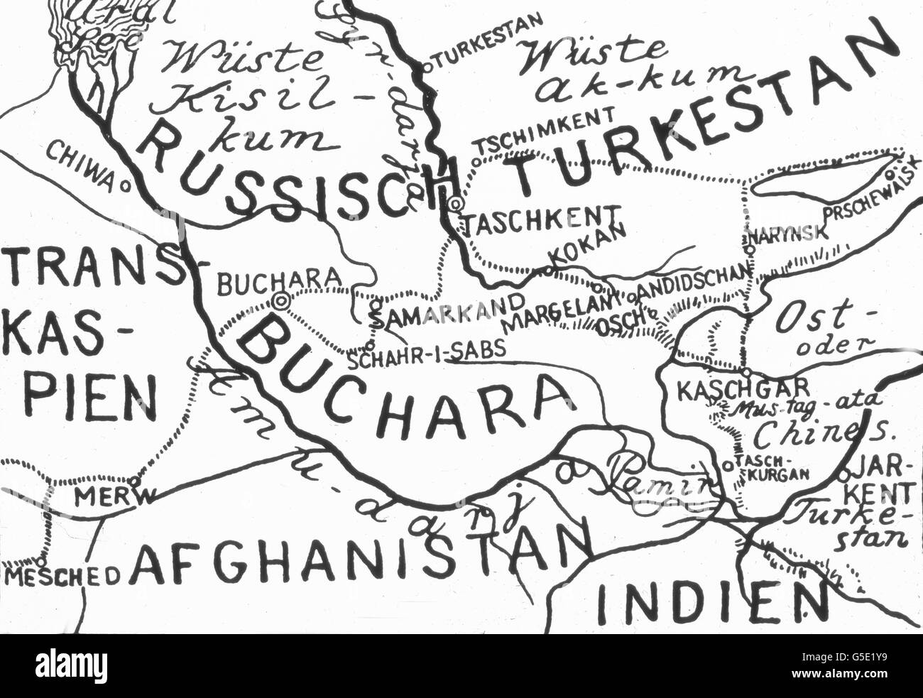 Karte des Gebiets von Turkestan und Nordindien. Mappa del Turkestan e India del nord del territorio. travel, storia, storico, 1910s, xx secolo, archivio, Carl Simon, lato vetro colorato slitta, mappa, area di confine, ai limiti di norma, frontiera Foto Stock