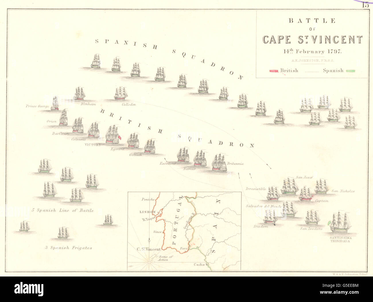 Battaglia di Capo San Vincenzo: 14 febbraio 1797. Il Portogallo, 1848 Mappa antichi Foto Stock