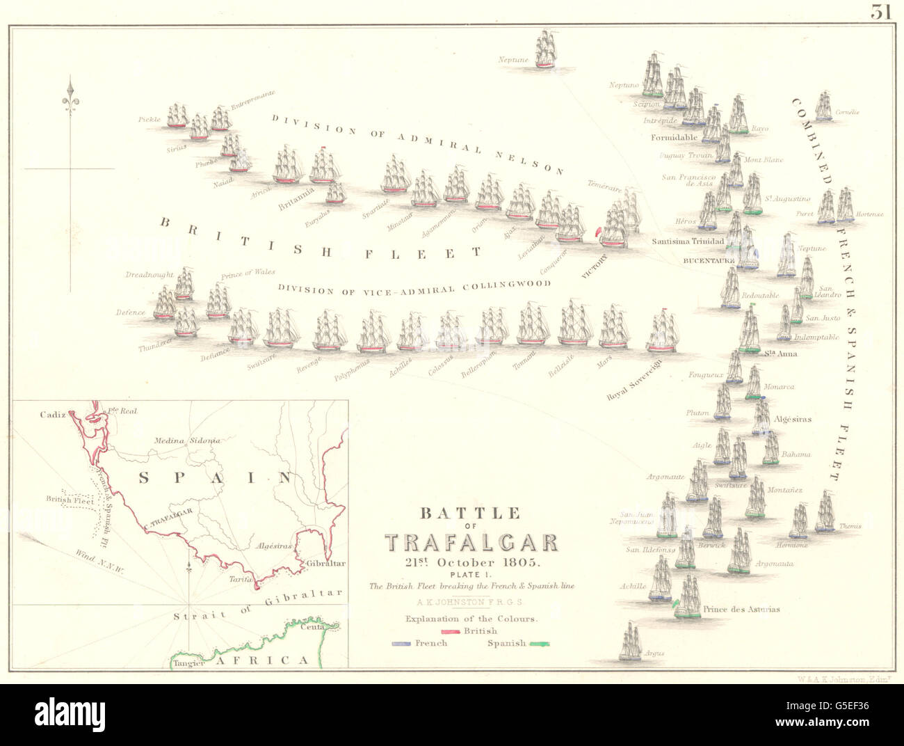 Battaglia di Trafalgar: 21 Ottobre 1805 - foglio 1. Spagna, 1848 Mappa antichi Foto Stock