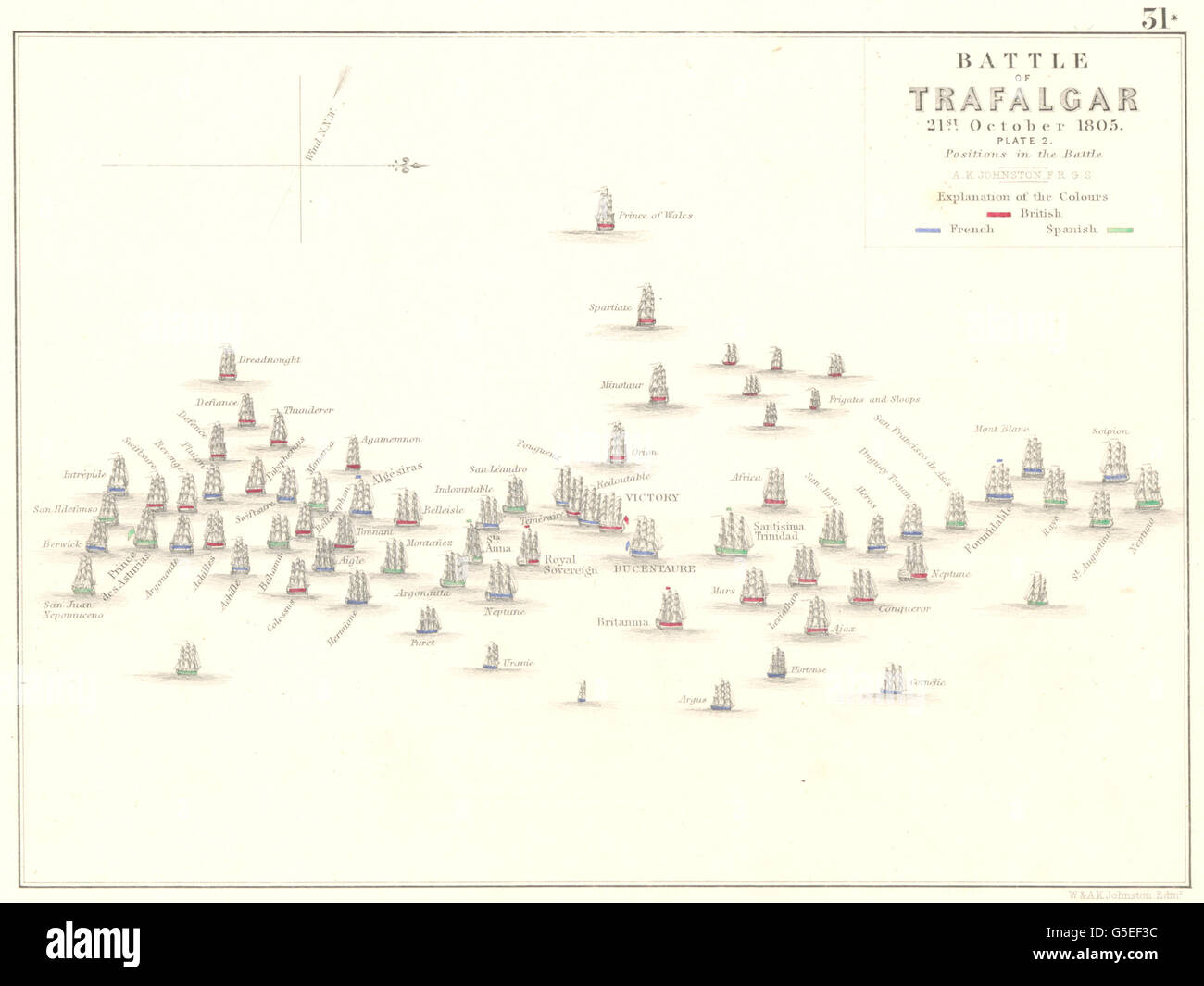 Battaglia di Trafalgar: 21 Ottobre 1805 - foglio 2. Spagna, 1848 Mappa antichi Foto Stock