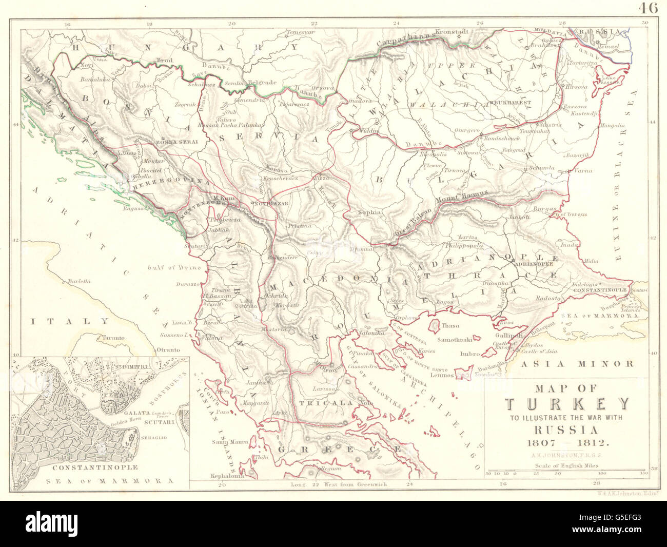 Turchia: mappa per illustrare la guerra con la Russia 1807-1812. Balcani Grecia 1848 Foto Stock