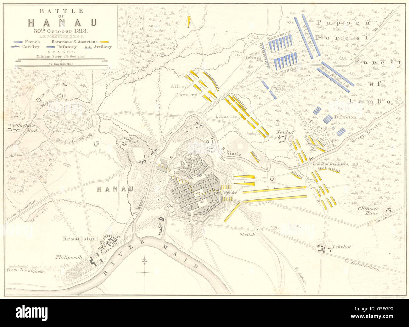 Battaglia di HANAU: 30 ottobre 1813. Germania. Guerre napoleoniche, 1848 Mappa antichi Foto Stock
