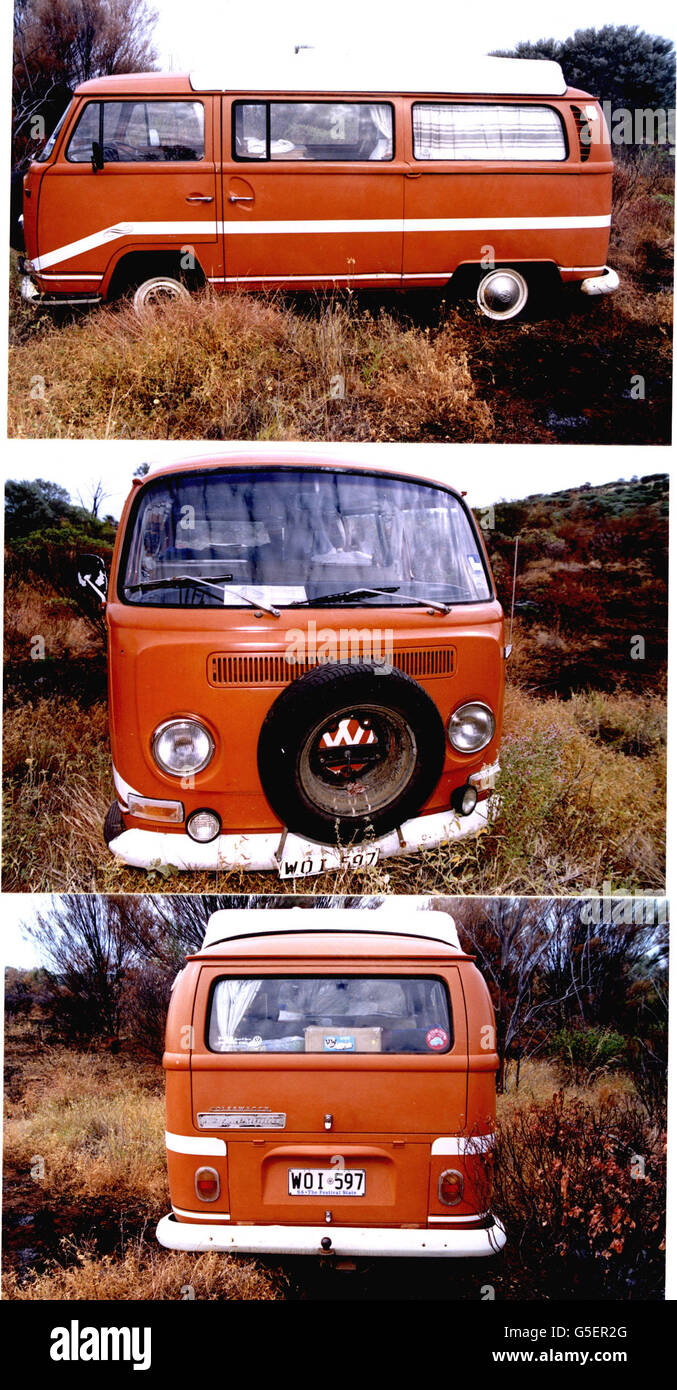 Foto pubblicate dalla polizia del territorio del Nord del van Kombi in cui Joanne Lees e Peter Falconio viaggiavano sabato sera sulla Stuart Highway, a nord di Alice Springs, Australia. * .., quando sono stati segnalati giù da un pistolero che ha affermato di avere problemi con il motore della sua auto a trazione integrale. Si pensa che l'onorevole Falconio sia stato colpito dal cannoniere ed è ancora assente e, nonostante sia stato legato e imbavagliato, la sua ragazza è fuggita e si è nascosta per quattro ore nel bush. La polizia, che ha avuto più di 50 chiamate dopo il rilascio di un Identi-kit poicture ieri, sono Foto Stock