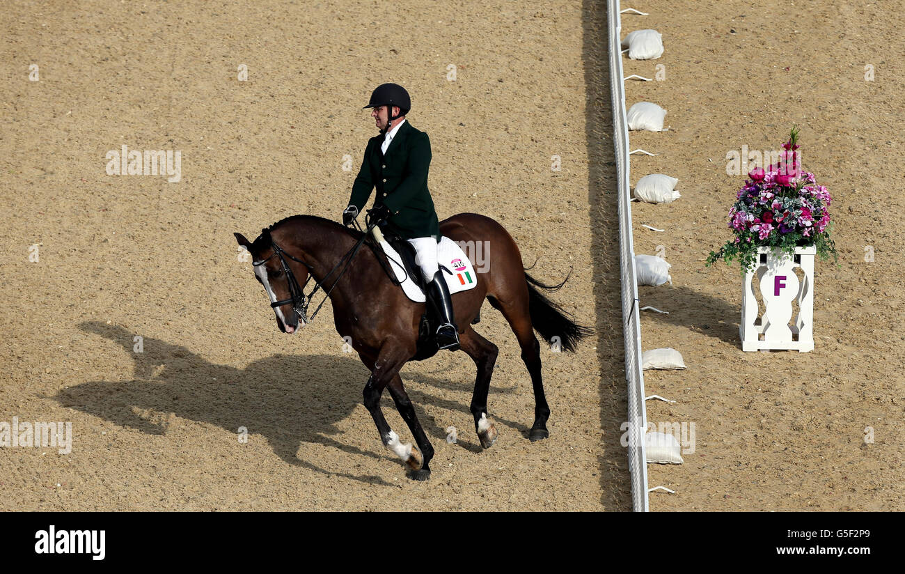 Giochi Paralimpici di Londra - 6° giorno. James Dwyer in Irlanda su Orlando nel Dressage individuale Freestyle Test grado IV al Greenwich Park. Foto Stock