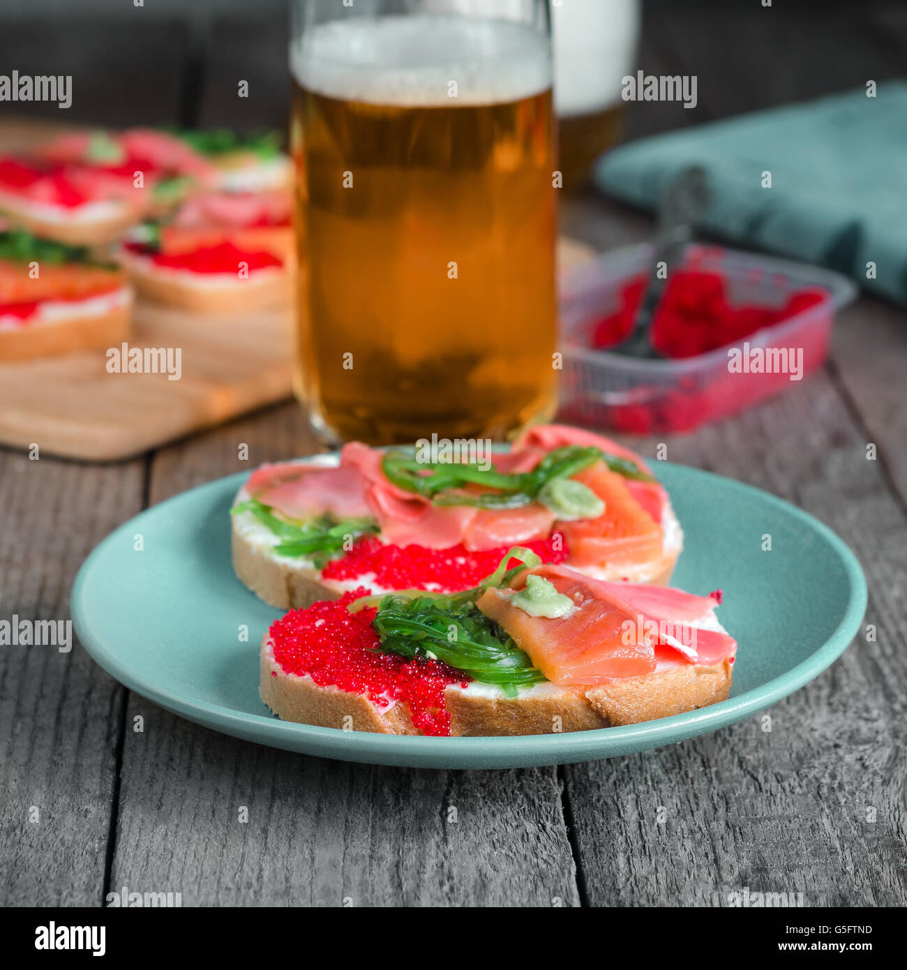 Panini con piatti a base di pesce e per la birra Foto Stock