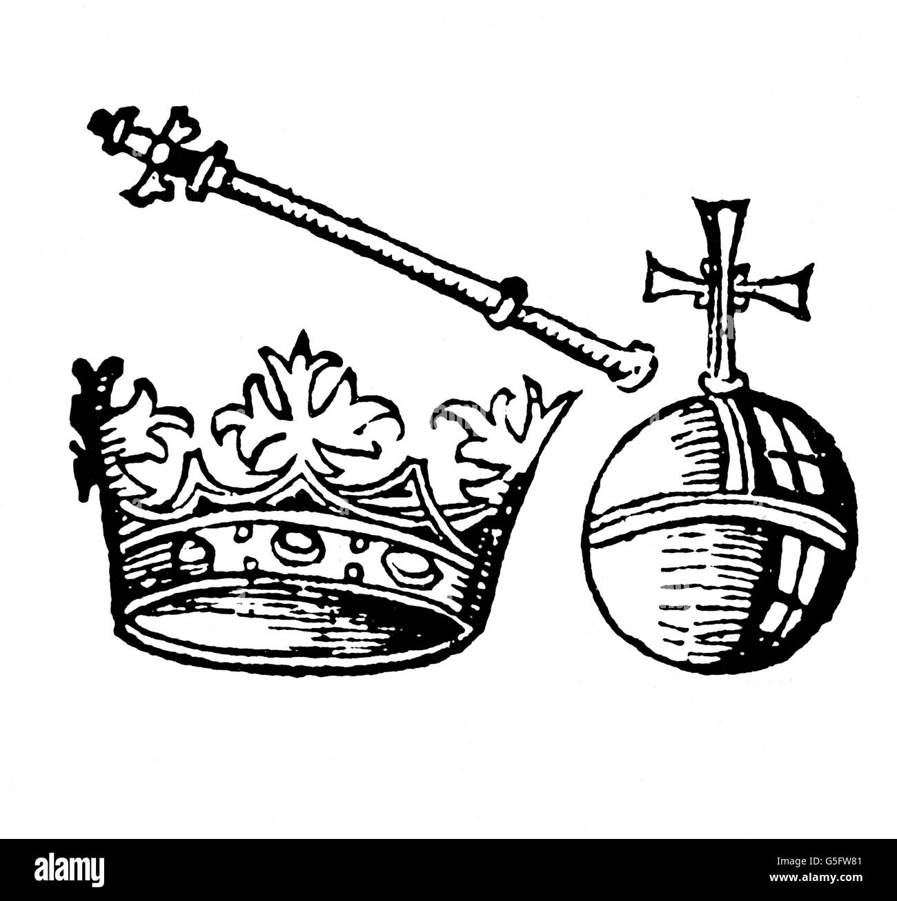 Corone / i gioielli della corona, insegne imperiali, xilografia, da: Hartmann Schedel (1440 - 1514), Cronaca di Norimberga, stampa: Koberger, Norimberga, 1493, artista del diritto d'autore non deve essere cancellata Foto Stock