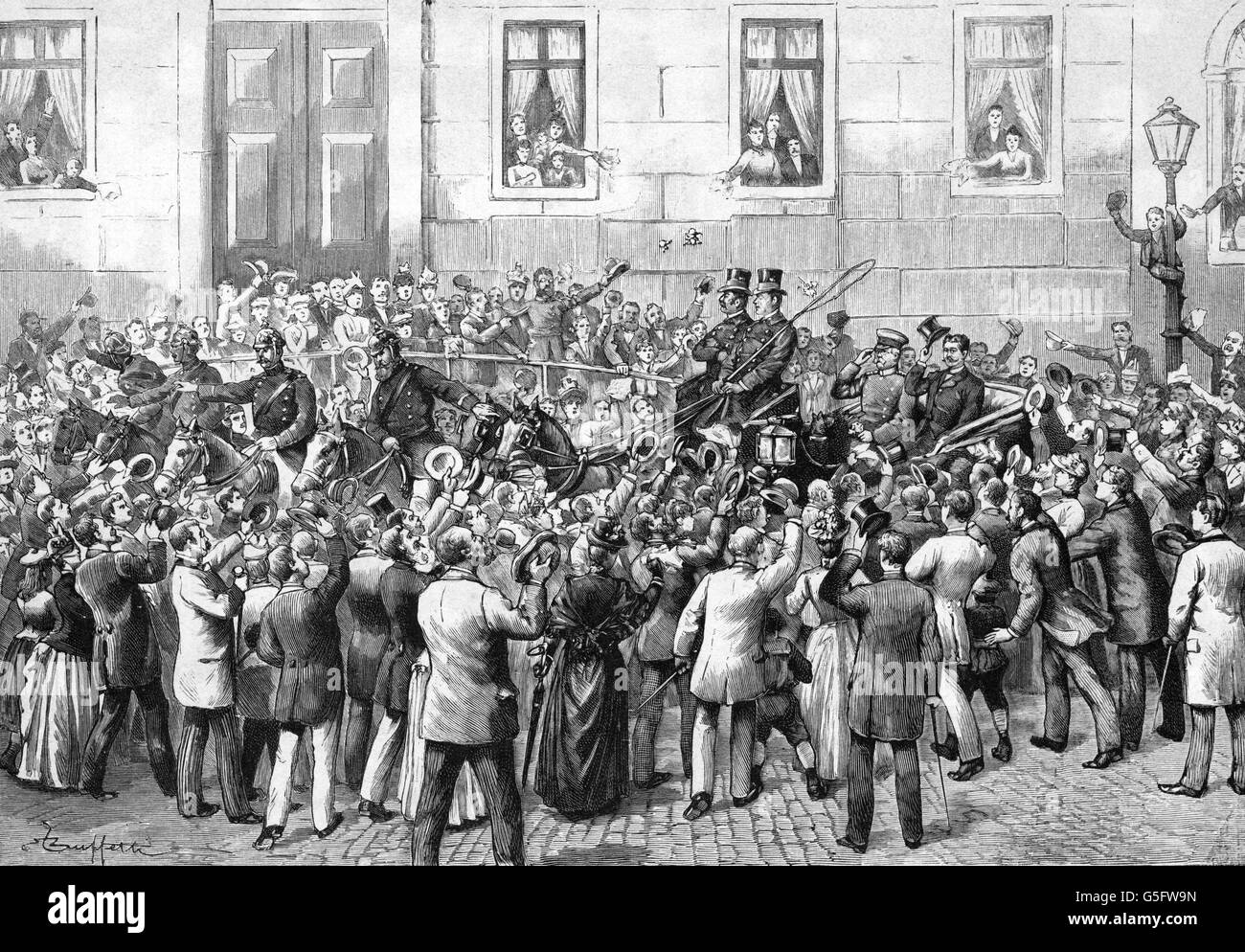 Bismarck Otto von, 1.4.1815 - 30.7.1898, uomo politico tedesco, Cancelliere dell'impero tedesco 4.5.1871 - 20.3.1890, lasciando Berlino con suo figlio Herbert, 20.3.1890, incisione su legno dopo il disegno da E. Buffetti, 'Die Gartenlaube', 1890, artista del diritto d'autore non deve essere cancellata Foto Stock