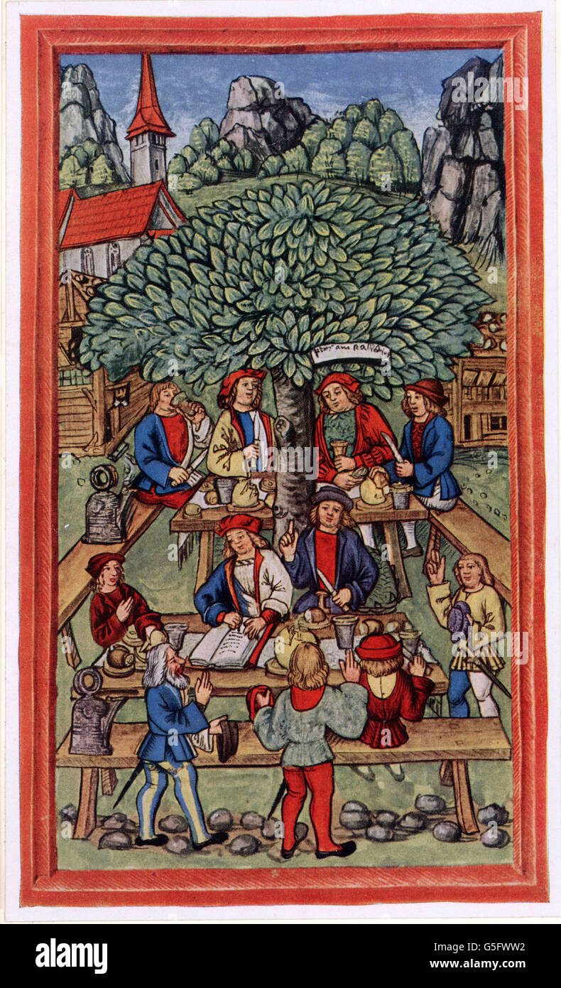 Geografia / viaggio, Svizzera, politica, 'Amstaldenhandel', Peter Amstalden sotto l'albero di tiglio a Schüpfheim preparazione della rivolta contro Lucerna, in primo piano impiegato di Lucerna scrivere testimonianze sulla cospirazione, 1478, fine: Diebold Shilling, lucerna illuminato cronaca, 1513, diritti aggiuntivi-clearences-non disponibile Foto Stock