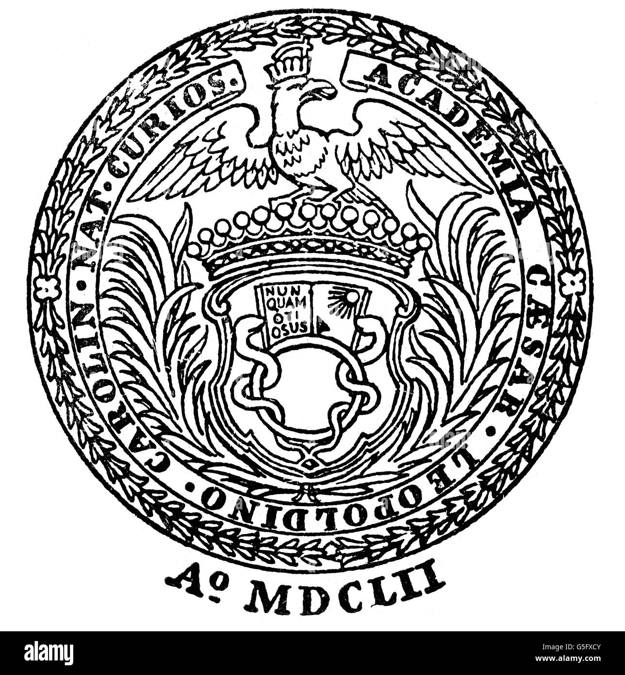 Eraldica, emblema, Germania, segno dell'accademia dello scienziato naturale 'Leopoldina', Halle, 1652, incisione in legno, 19 ° secolo, diritti aggiuntivi-clearences-non disponibile Foto Stock