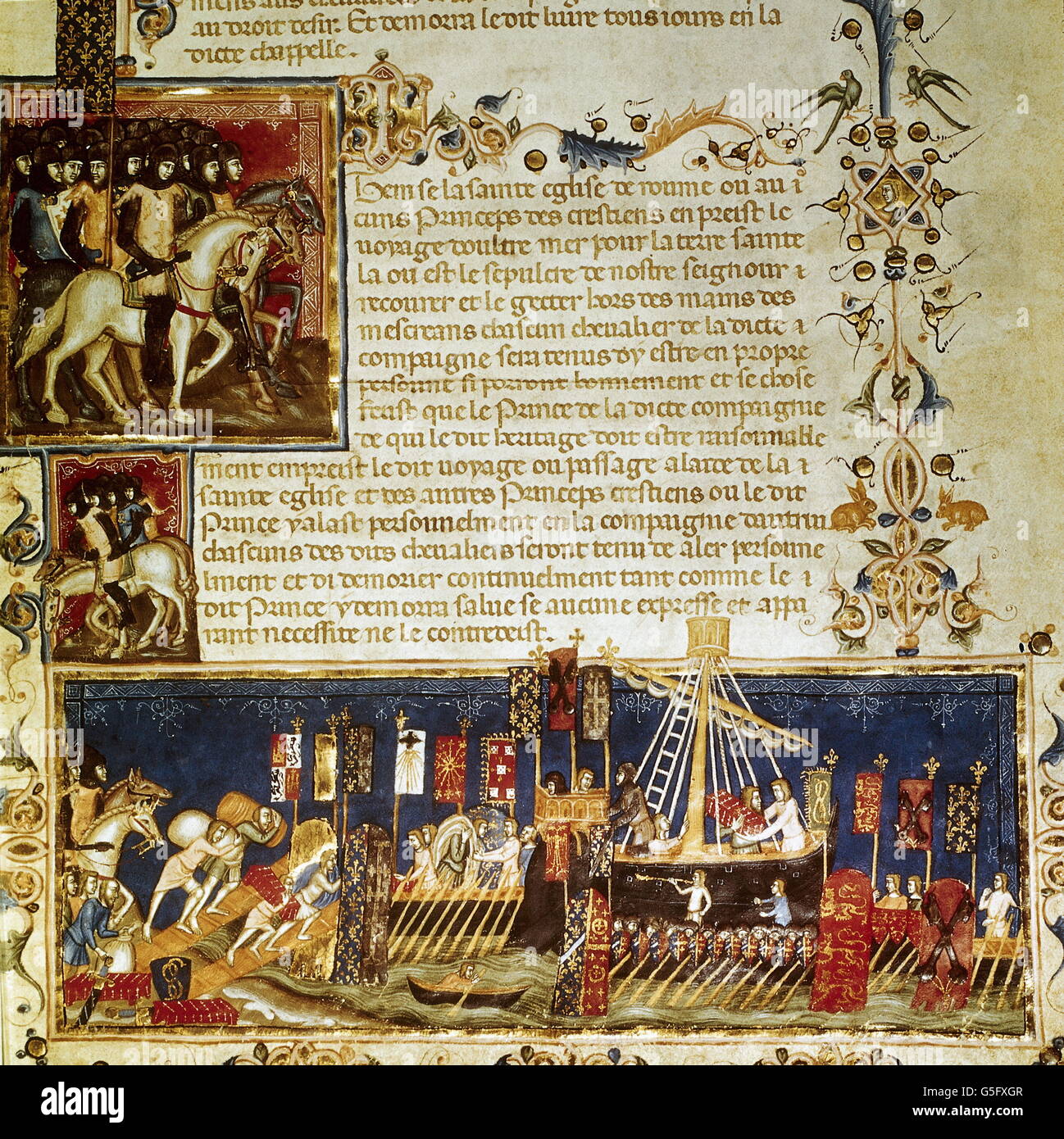 Medioevo, crociate, crociati imbarco, miniatura dal manoscritto francese, Parigi, biblioteca nazionale, (Ms.fr.4274, diritti aggiuntivi-clearences-non disponibile Foto Stock