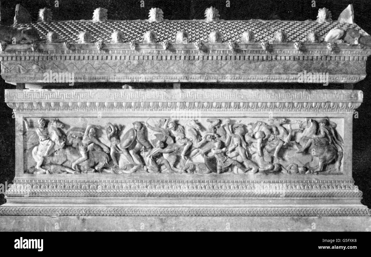 Alessandro III 'il Grande', 20.7.356 - 10.6.323 a.C., Re di Macedone 336 - 323 a.C., lotta contro i Persiani, il sarcofago di Alessandro, Sidone, circa 325 a.C., Foto Stock