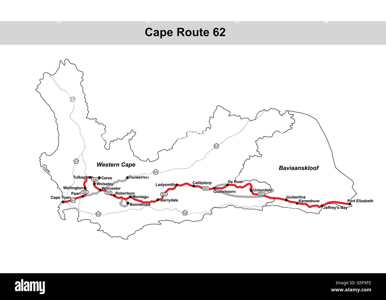 Percorso del capo 62 mappa, Sud Africa. Foto Stock