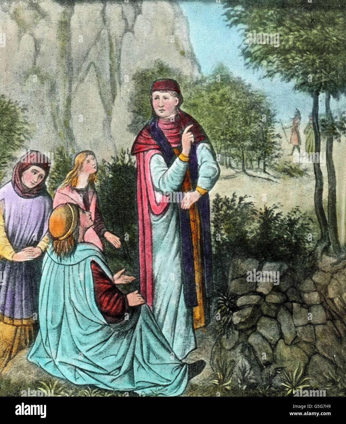 Klingsor weissagt die Geburt Elisabeths. Klingsor predice la nascita di Elisabetta. Tedesco, mitologia, mago, indovino, Profeta, profezia, donna, uomo, futuro, Santa Elisabetta di Ungheria, storia, storico, illustrazione, 1910S, 1920s, xx secolo, archivio, Carl Simon, Ungheria, lato vetro colorato slitta Foto Stock