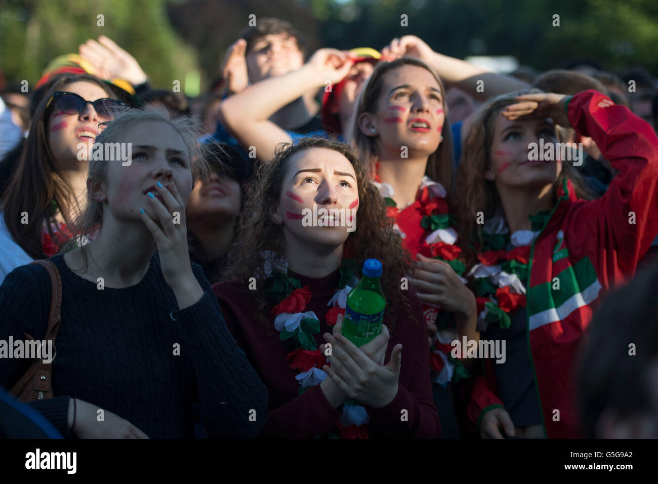 Il Galles gli appassionati di calcio al Galles sostenitori Fan Zone in Cooper nel campo, Cardiff, per l'Euro 2016 Galles v Russia videogame. Foto Stock