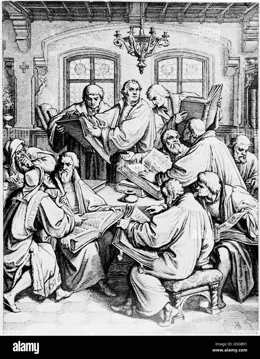 Martin Lutero bei der Übesetzung der Bibel vom Lateinischen ins Deutsche. Martin Lutero a tradurre la Bibbia dal latino alla lingua tedesca. Foto Stock