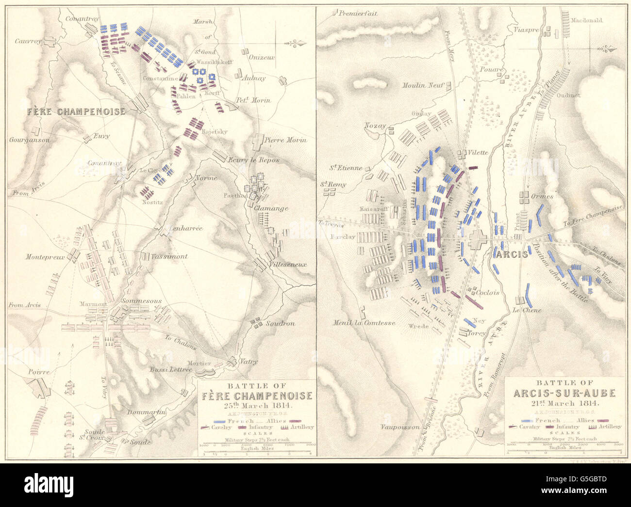 Battaglie di ARCIS-sur-AUBE & FÈRE CHAMPENOISE: 21 & 25 marzo 1814. Aube 1848 mappa Foto Stock