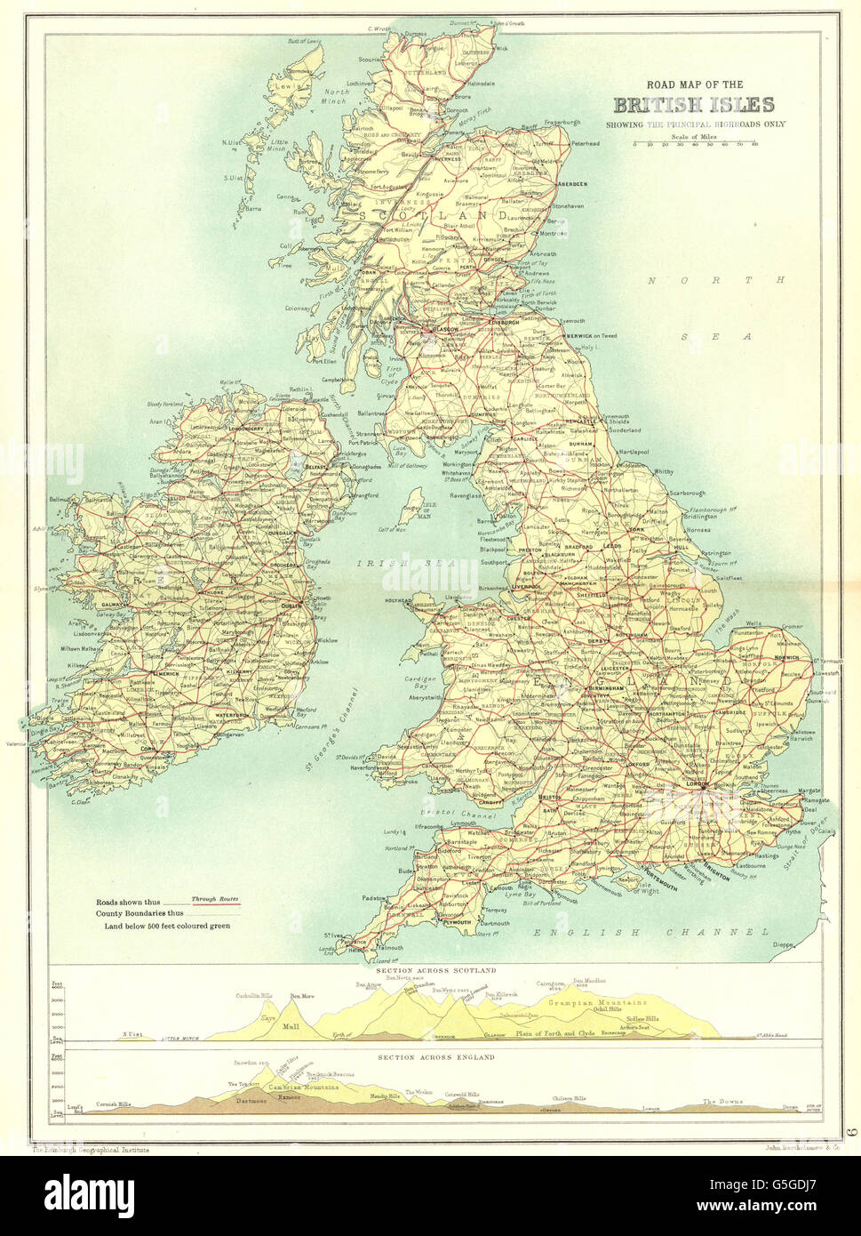 Isole britanniche: Road map. Le strade principali. Le sezioni in tutta la Scozia e Inghilterra 1909 Foto Stock