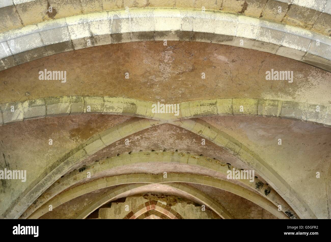 Scolpita in pietra tetto curvo di Chapter House Cleeve Abbey monastero cistercense Wachet Washford Somerset Inghilterra Foto Stock