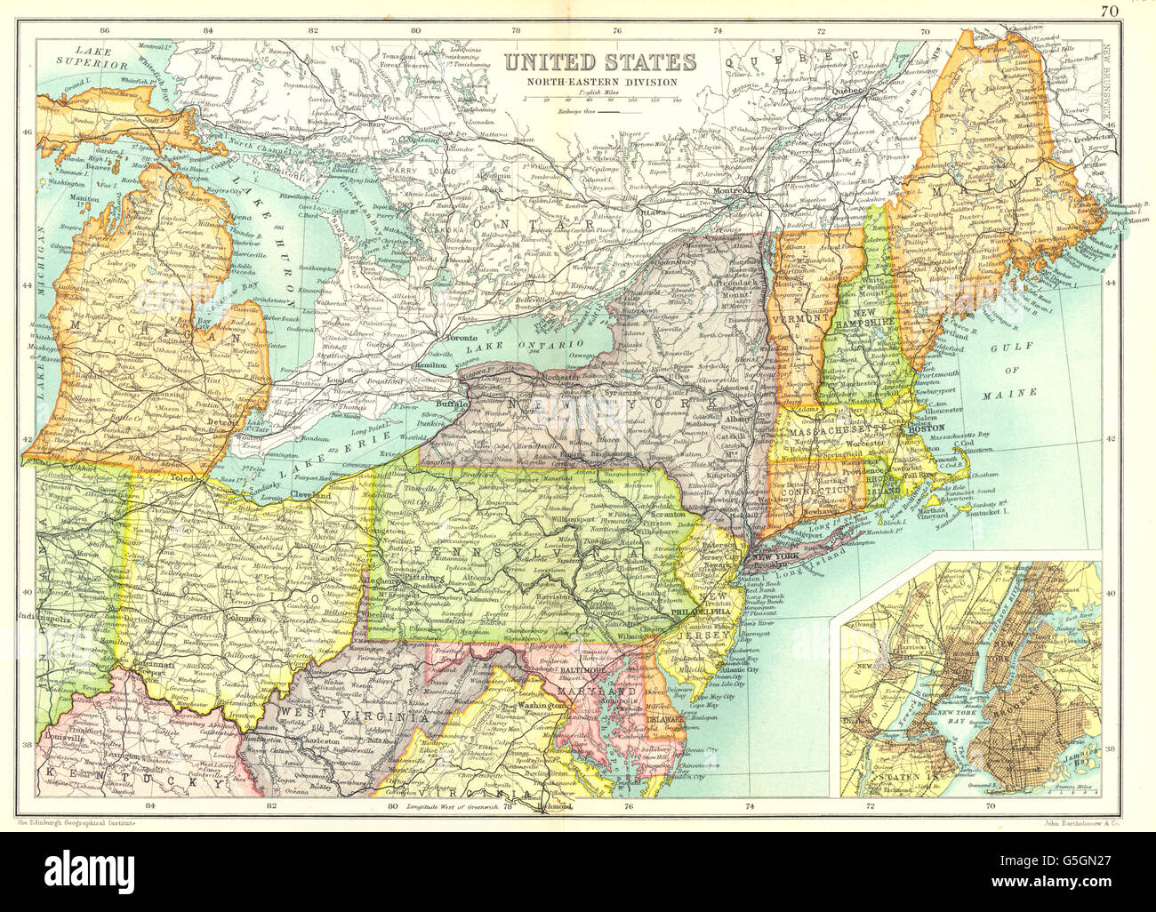 Stati Uniti d'America Nord est: fisico. Le ferrovie. Inset New York City. Cassells., 1909 Mappa Foto Stock