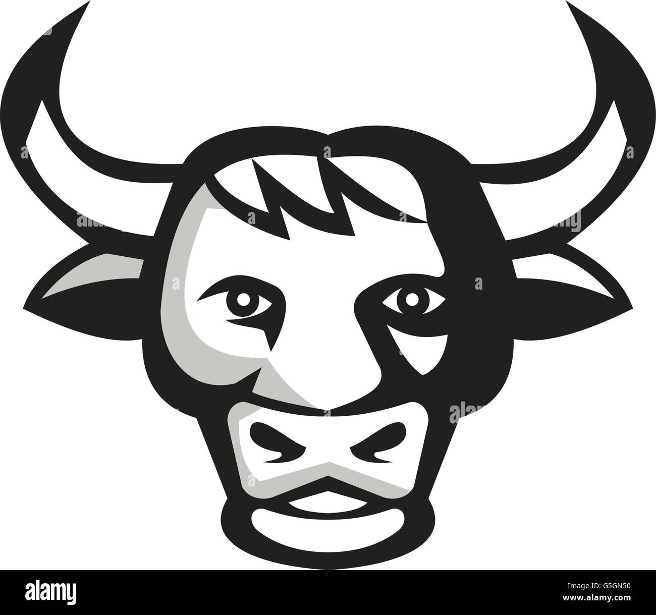 Illustrazione di un toro di testa di mucca sorridente cordiale rivolto verso la parte anteriore impostato su isolato sfondo bianco fatto in stile retrò. Illustrazione Vettoriale