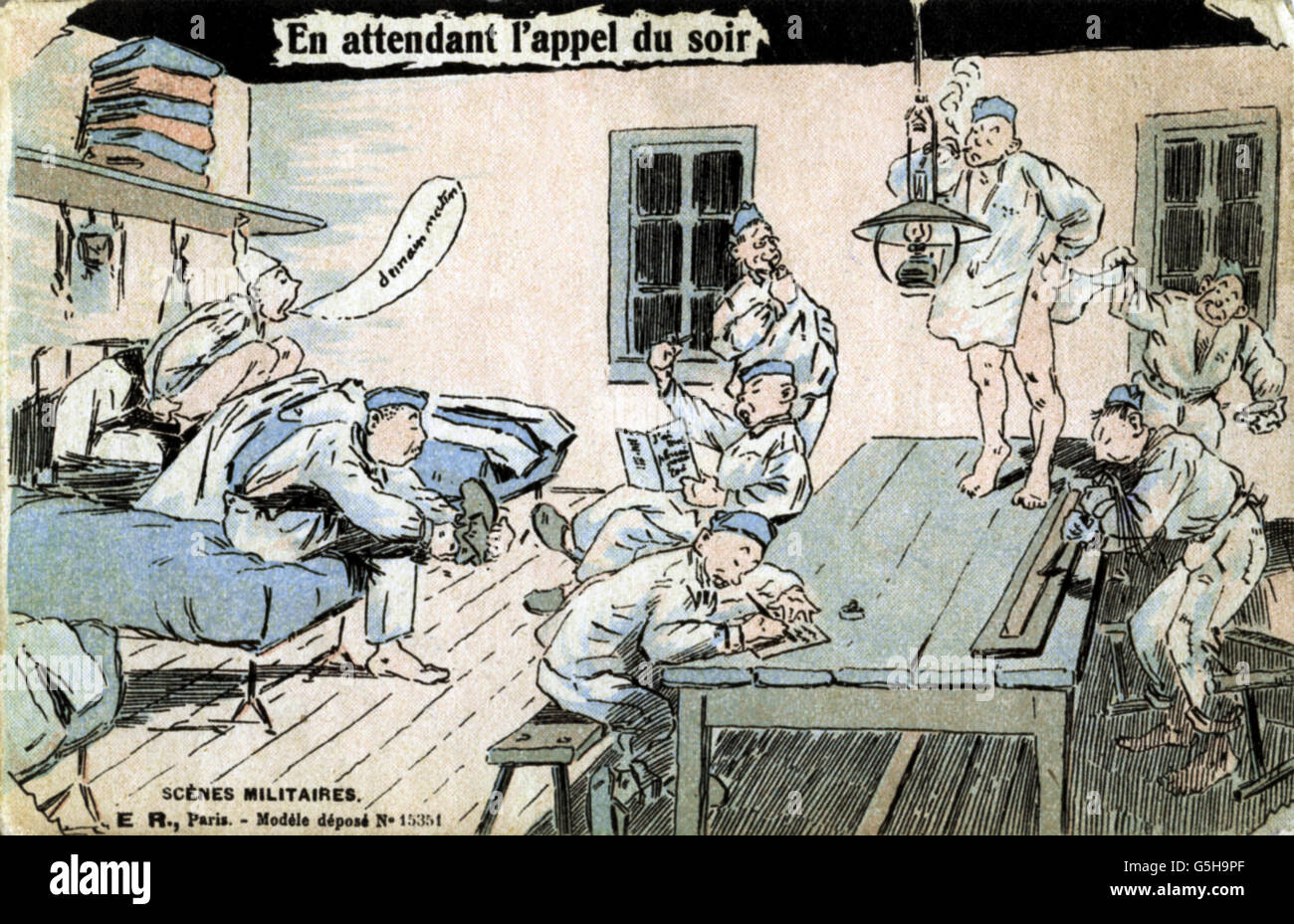 Militare, Francia, 'in attesa della chiamata serale roll', caricature, disegno della serie 'Scenes militaires', cartolina, circa 1910, diritti aggiuntivi-clearences-non disponibile Foto Stock