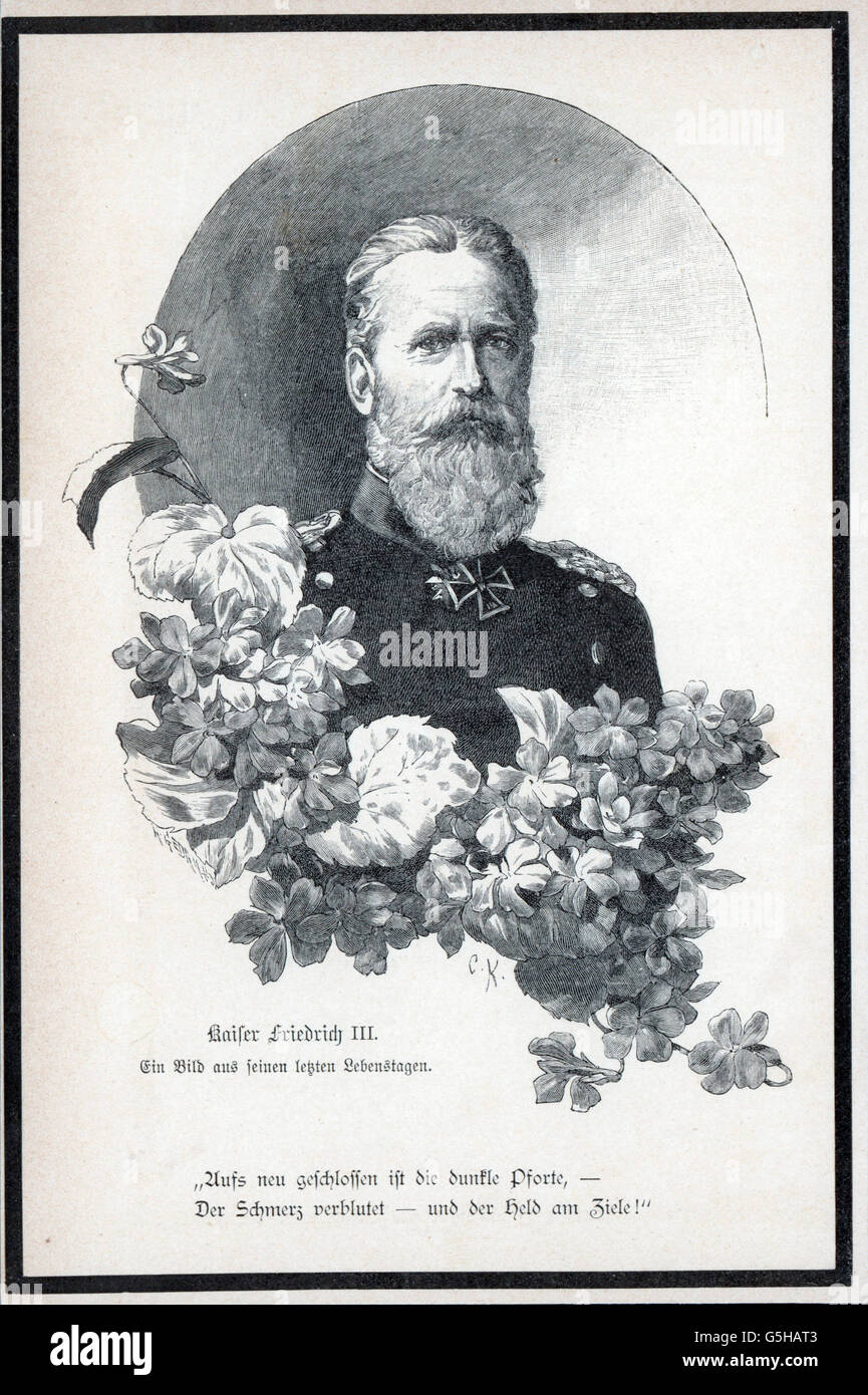 Federico Iii, 18.10.1831 - 15.6.1888, Imperatore Tedesco 9.3. - 15.6.1888, ritratto, incisione in legno alla sua morte, giugno 1888, Foto Stock