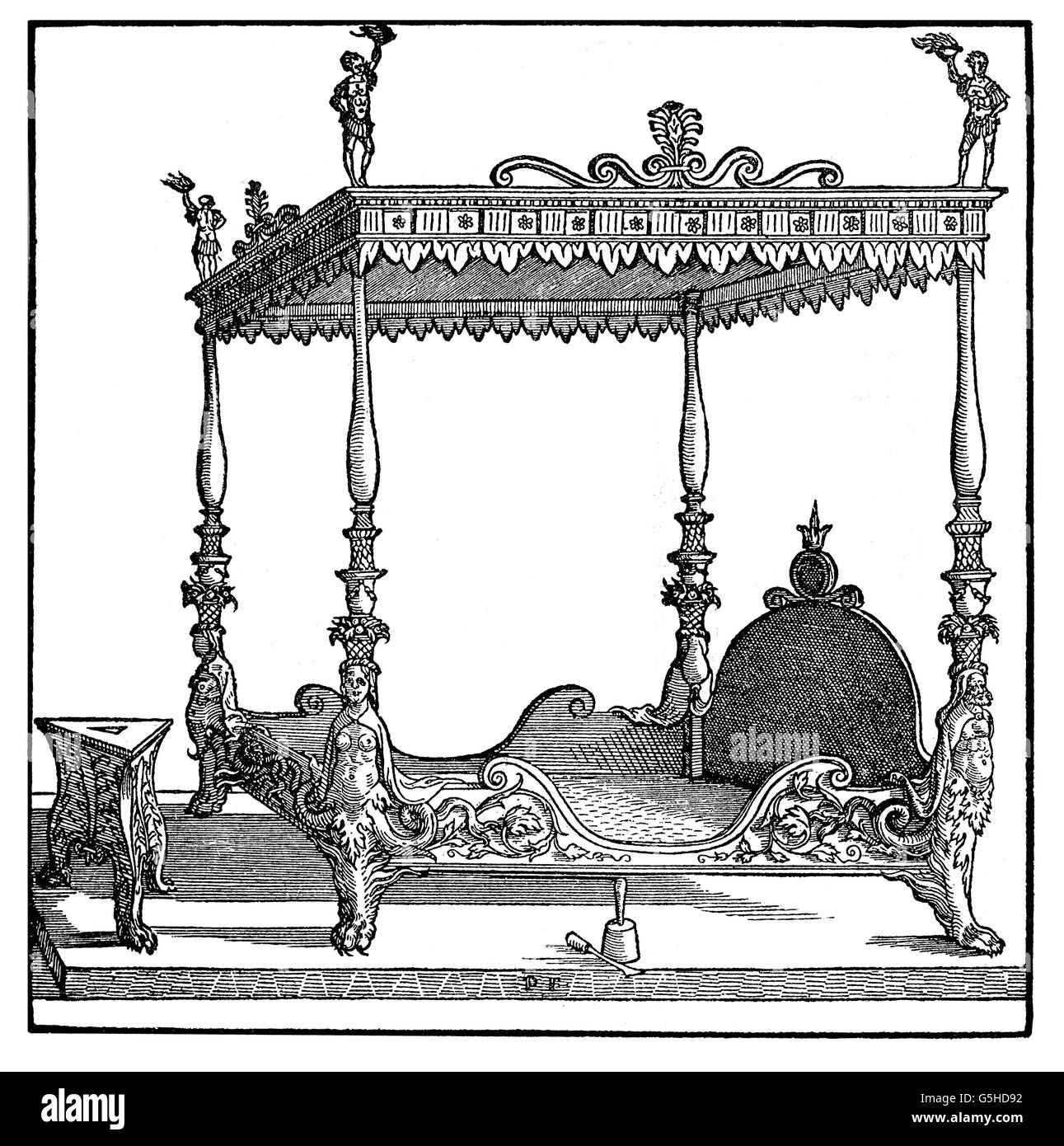 Arredamento, mobili, letto a baldacchino, in legno di Peter Flötner, i metà del XVI secolo, letto, letti, mobili, mobili, mobili per dormire, letto, letti, ornati, lussuoso, sgabelli, sgabelli, intarsiature, intarsi, sculture, copriletto, posti letto, statuette, statuette, statuine, atlante, arredamento, atlante, atlante, arredamento per interni Letto a baldacchino, letto a baldacchino, letto per tester, letti per tester, legno, intagli, storico, storico, diritti aggiuntivi-clearences-non disponibile Foto Stock