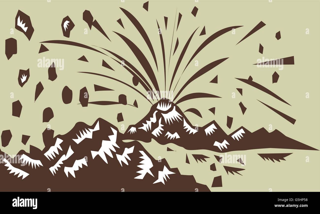 Illustrazione di un vulcano in eruzione eruzione vulcanica conseguente alla formazione di isola di fatto rétro xilografia stile. Illustrazione Vettoriale