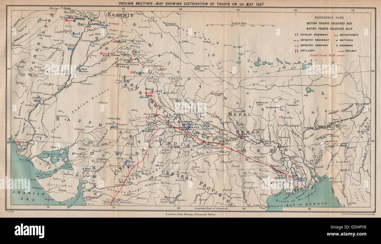 Ammutinamento Indiano/ribellione. British & truppa nativo posizioni 1 maggio 1857, 1929 Mappa Foto Stock