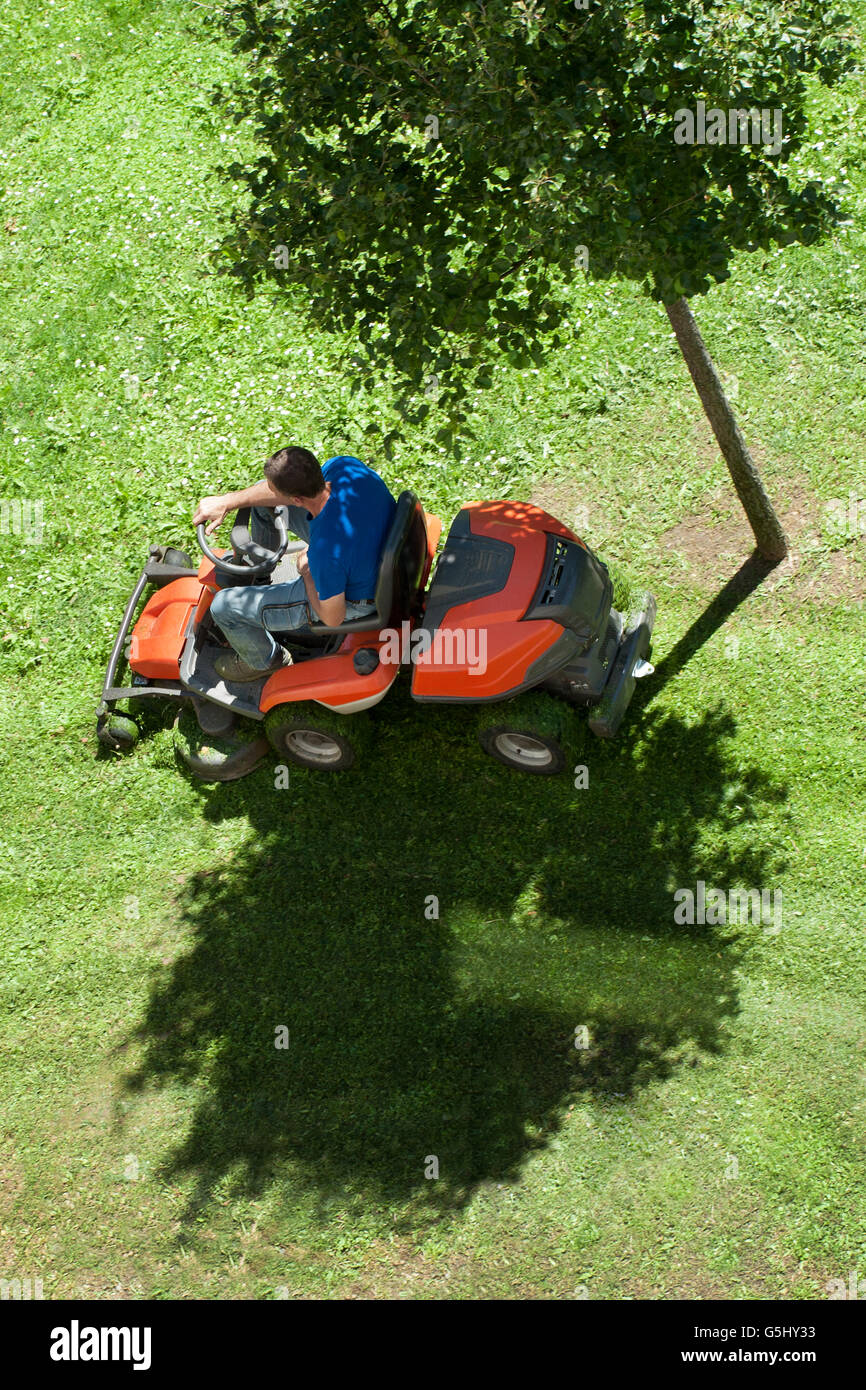 Uomo che utilizza un arancio ride su tosaerba al taglio dell'erba sui prati passando sotto l'ombra di un piccolo albero, vista aerea Foto Stock
