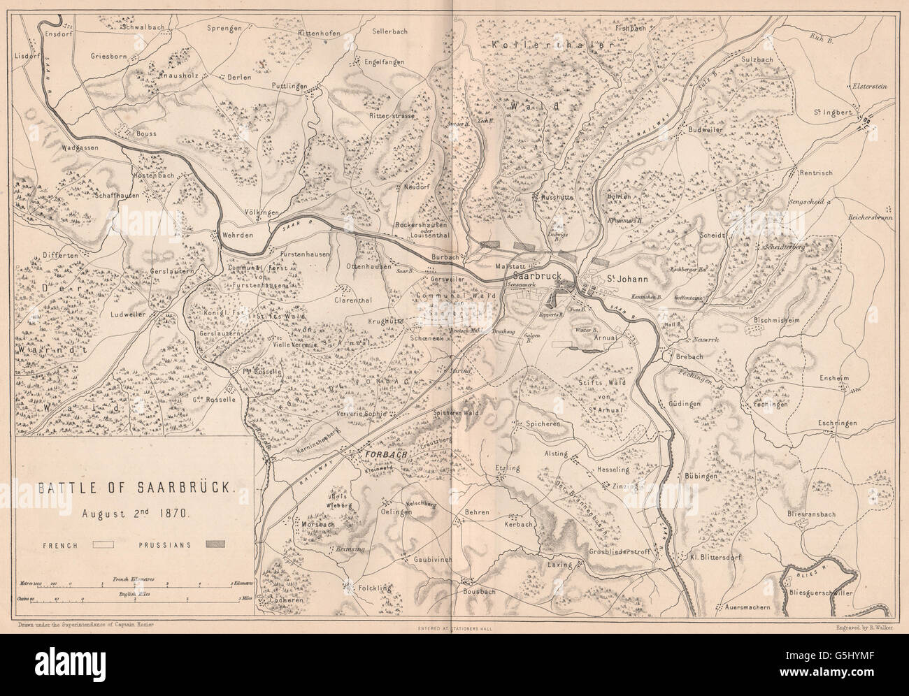 FRANCO-prussiana di guerra: la Battaglia di Saarbrücken 1870. Forbach. Germania, 1875 Mappa Foto Stock