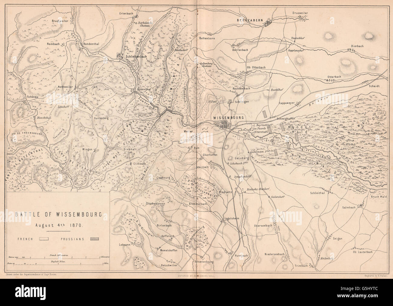 FRANCO-guerra prussiano:Battaglia di Wissembourg 1870.Bergzabern Schlettenbach 1875 mappa Foto Stock